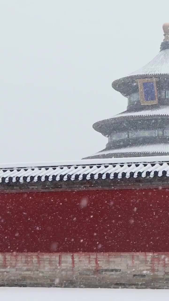 下雪天的北京天坛公园，祈年殿是天坛的地标建筑。视频素材