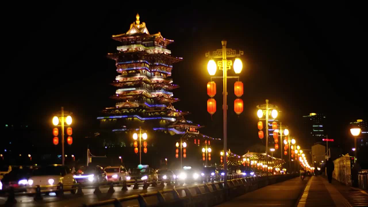 四川省绵阳市城市地标越王楼，夜间风景，无人，视频素材