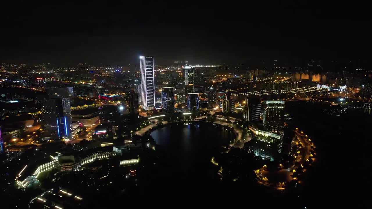 江苏苏州独墅湖半月湾城市建筑夜景航拍风光摄影视频下载