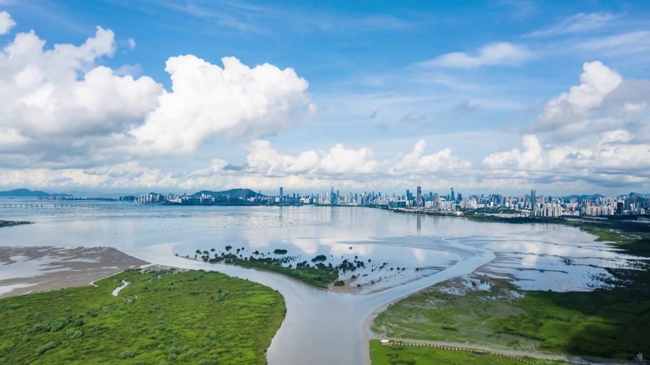 广东省深圳市福田区红树林公园深圳湾建筑群4K422/10bit航拍延时视频视频素材