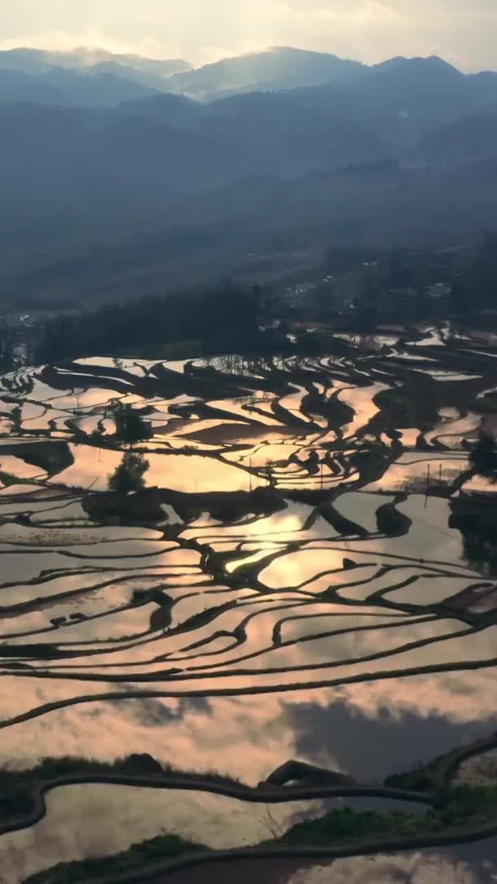 梯田的日出航拍视角，红河哈尼梯田的箐口梯田视频素材