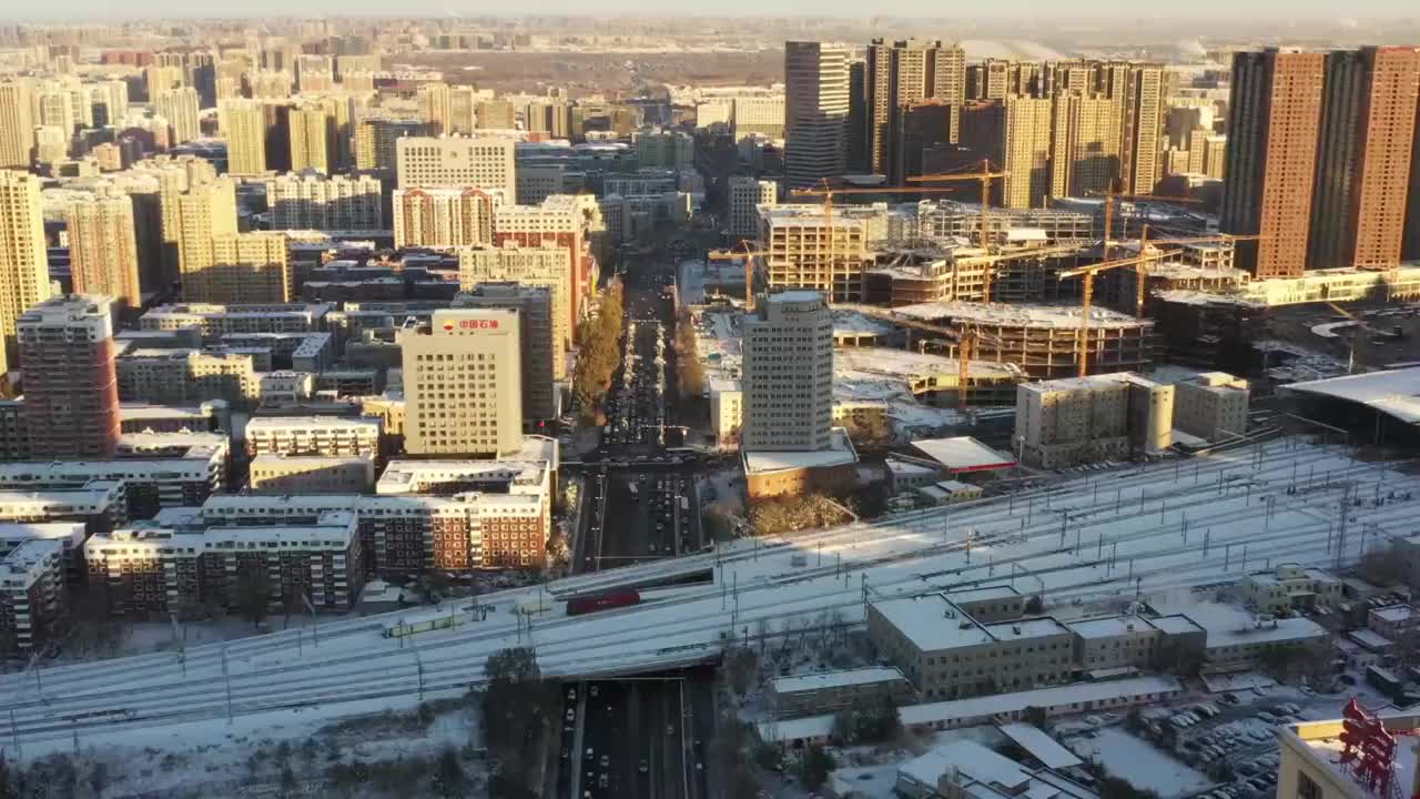 东北冬季沈阳雪景城市航拍视频素材