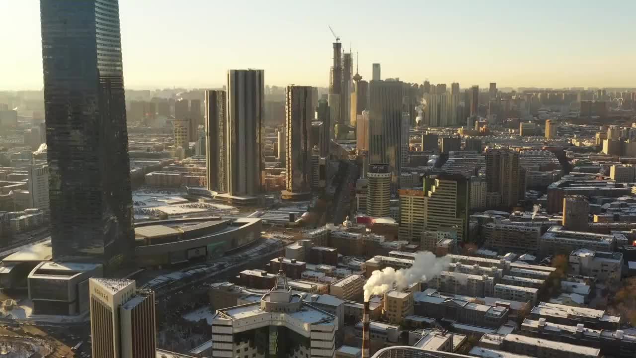 沈阳冬季雪景航拍CBD视频素材