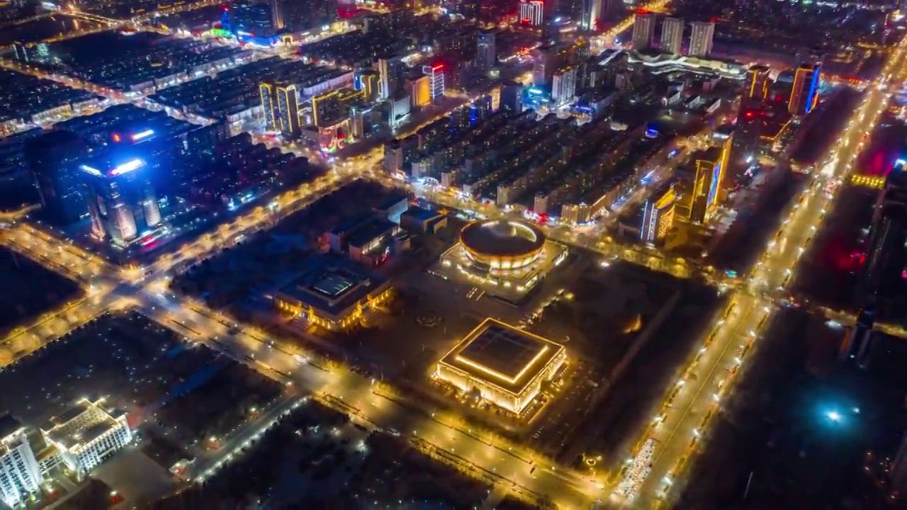 银川市中心地标建筑群夜景航拍延时视频素材