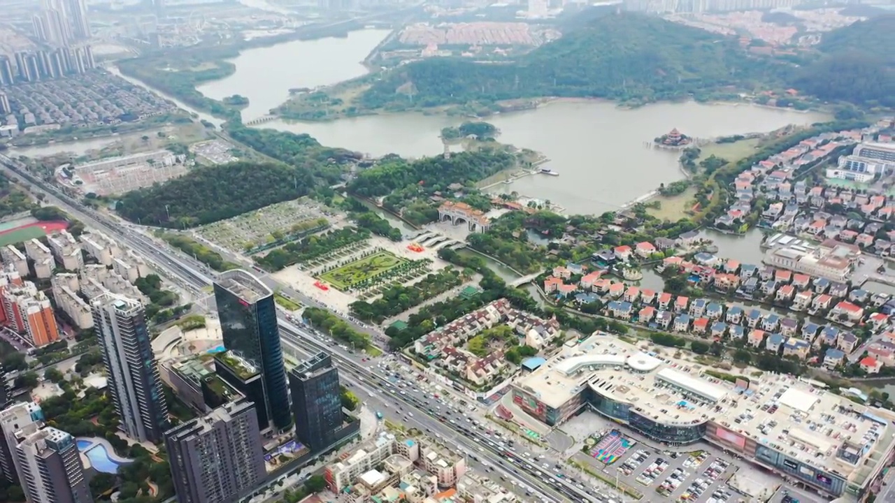 广东佛山顺德大良顺峰山公园航拍视频，城市天际线，城市风光，粤港澳大湾区城市视频素材