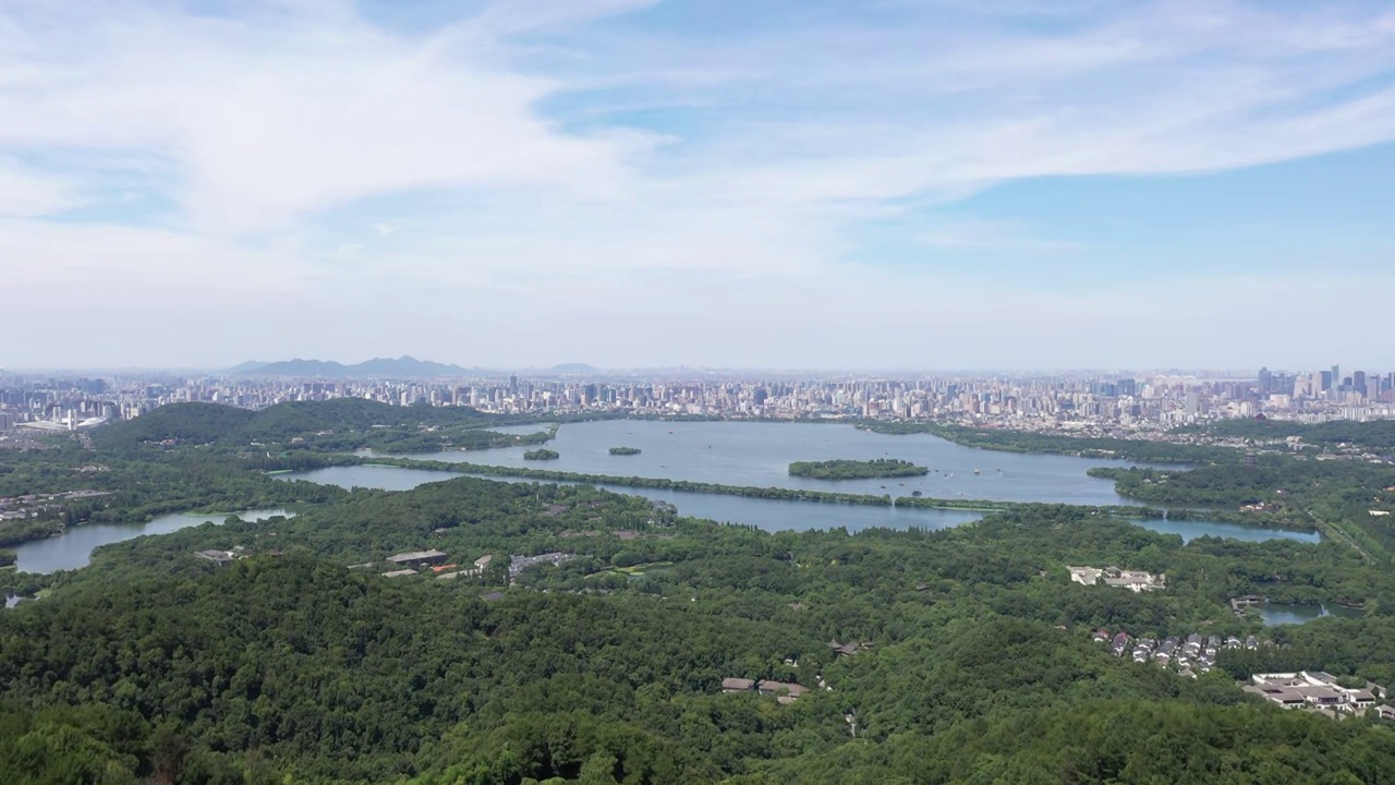 杭州西湖全景和城市天际线航拍视频素材