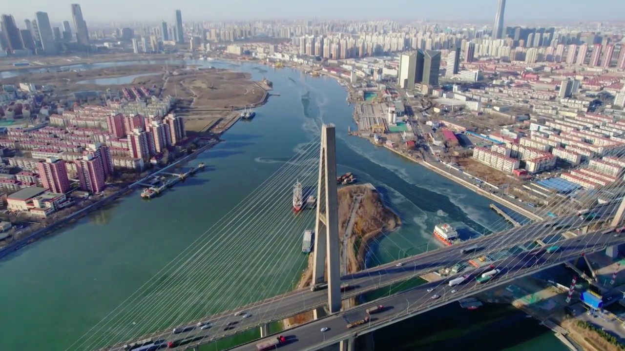 天津滨海新区海河大桥航拍视频素材