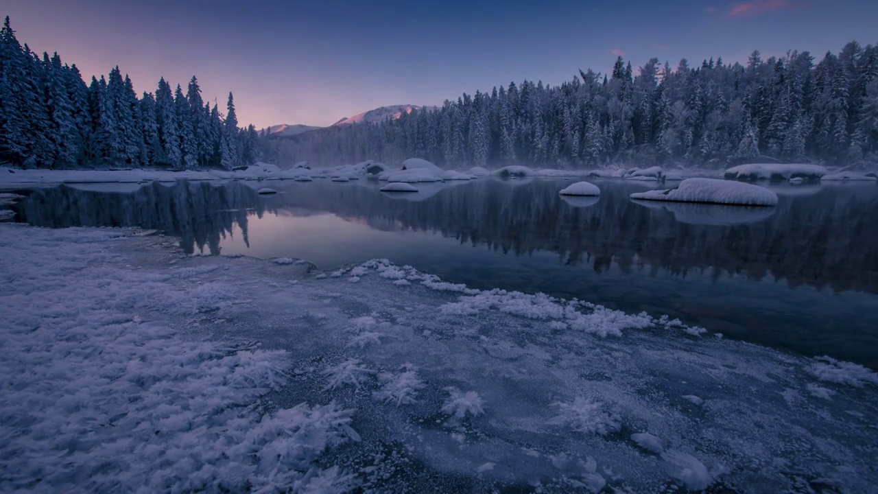 喀纳斯湖雪景日出视频素材