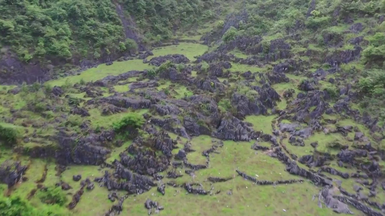 航拍贵州铜鼓荡喀斯特地貌石林山谷草坪视频素材