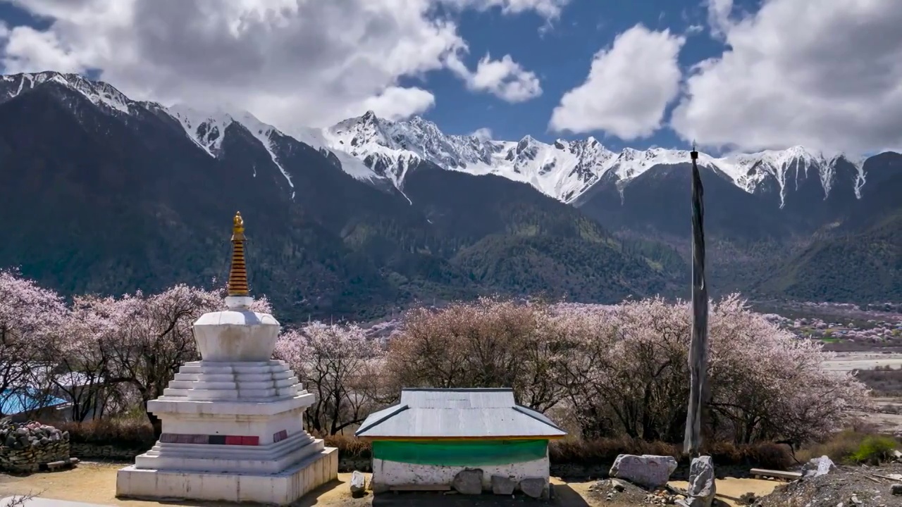 林芝波密桃花谷雪山白塔延时视频素材