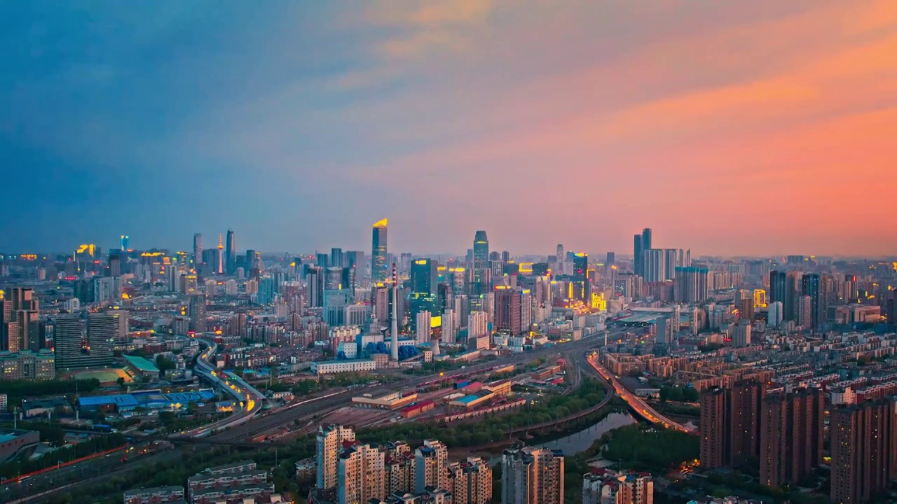 中国东北辽宁沈阳城市风景夜景晚霞航拍视频素材