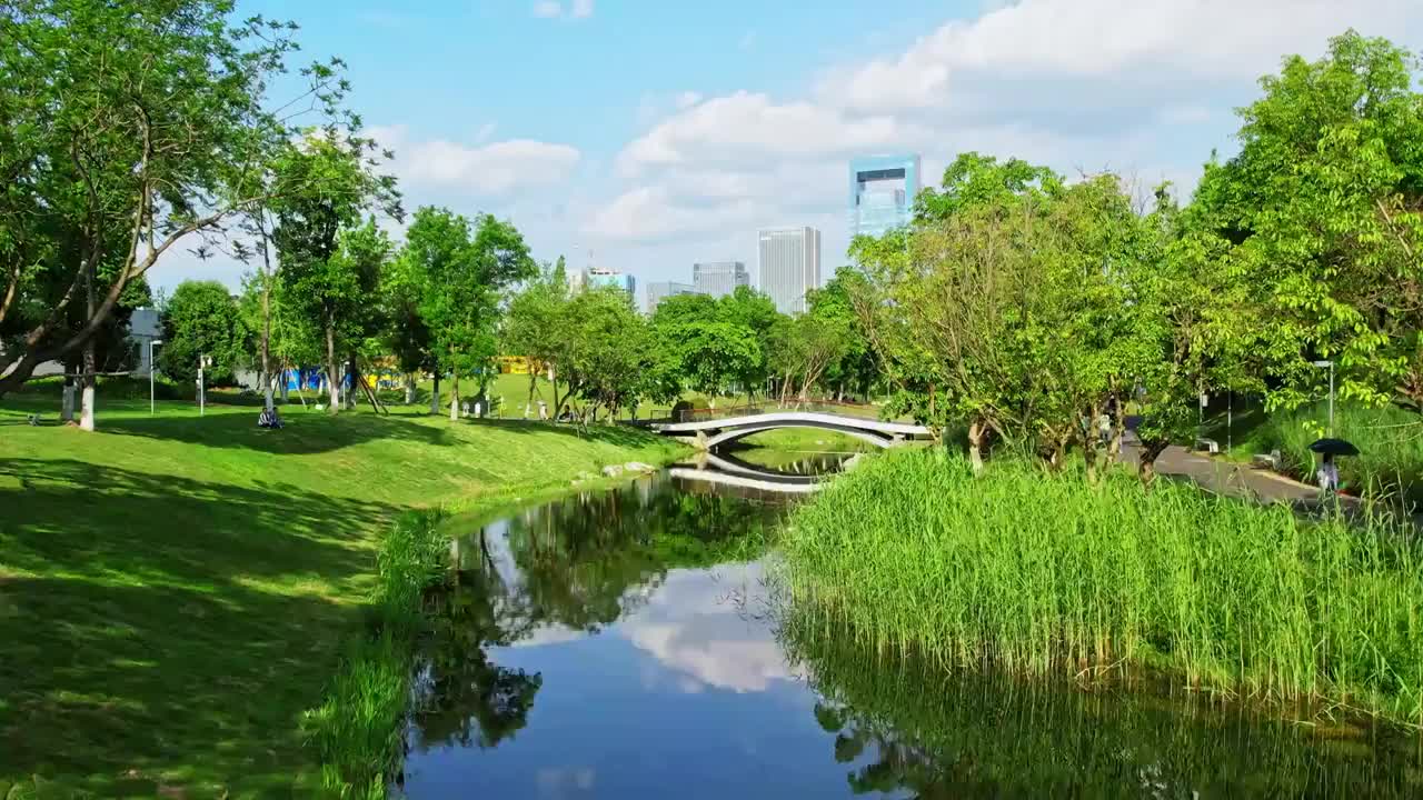 晴朗的天气，航拍成都天府新区公园城市风光，公园学校住宅道路视频购买