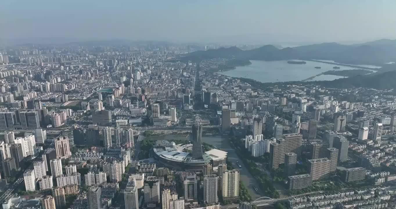 航拍杭州地标建筑西湖文化广场环球中心白昼风光视频素材