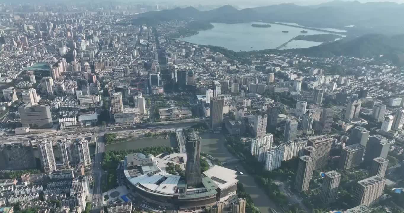 航拍杭州地标建筑西湖文化广场环球中心白昼风光视频素材