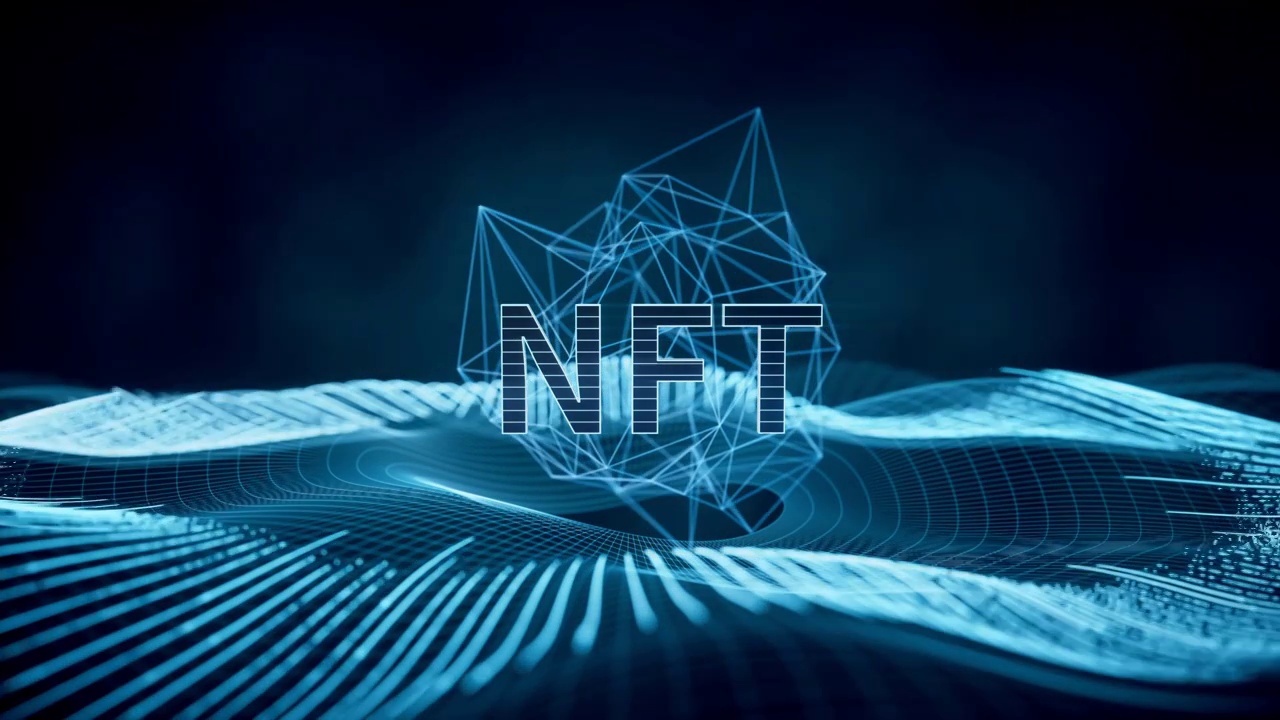 NFT概念与蓝色线条背景3D渲染视频素材