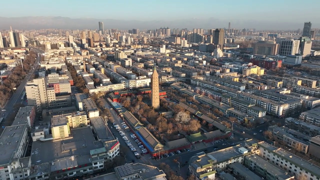 航拍银川地标建筑承天寺塔白昼风光视频素材