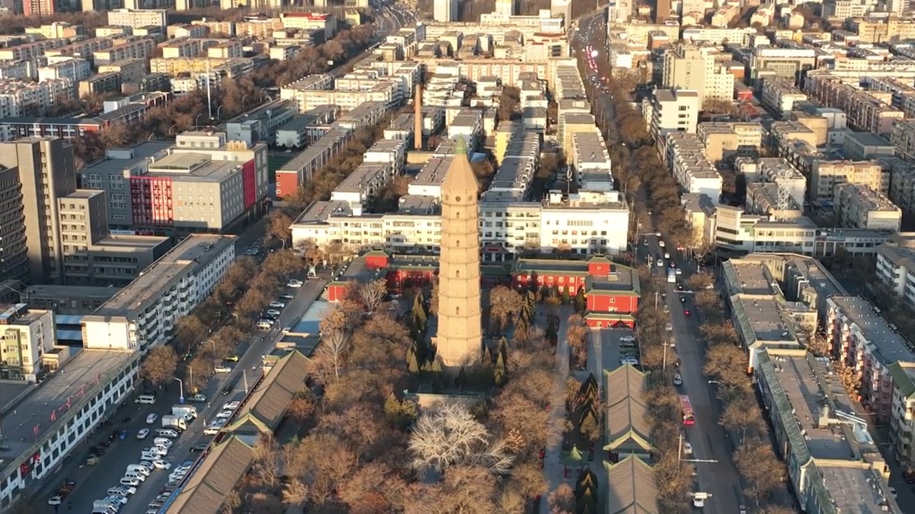 航拍银川地标建筑承天寺塔白昼风光视频素材