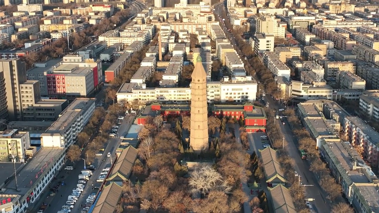 航拍银川地标建筑承天寺塔白昼风光视频素材