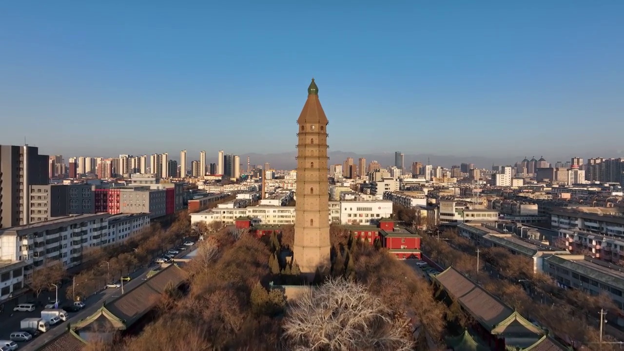 航拍银川地标建筑承天寺塔白昼风光视频素材