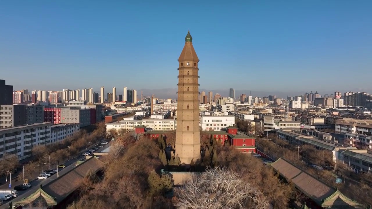 航拍银川地标建筑承天寺塔白昼风光视频素材