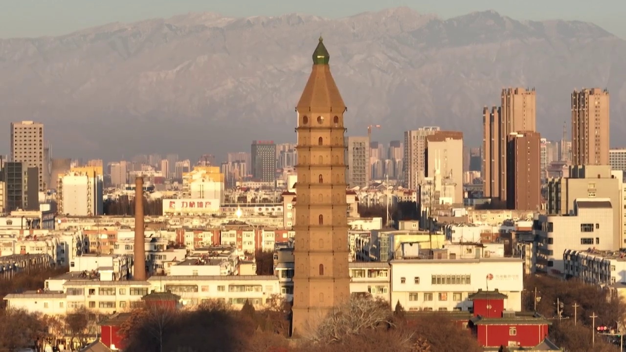 航拍银川地标建筑承天寺塔白昼风光视频素材