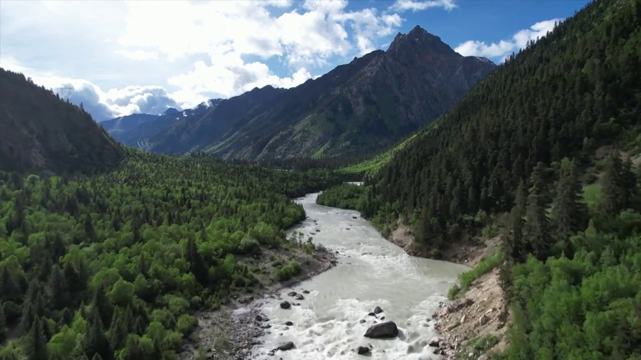 318国道然乌湖段的高山森林河流风光航拍视频素材