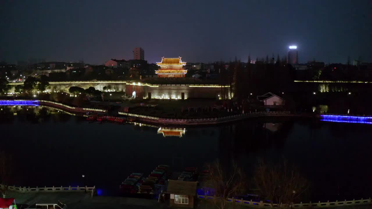 荆州古城夜景航拍视频素材