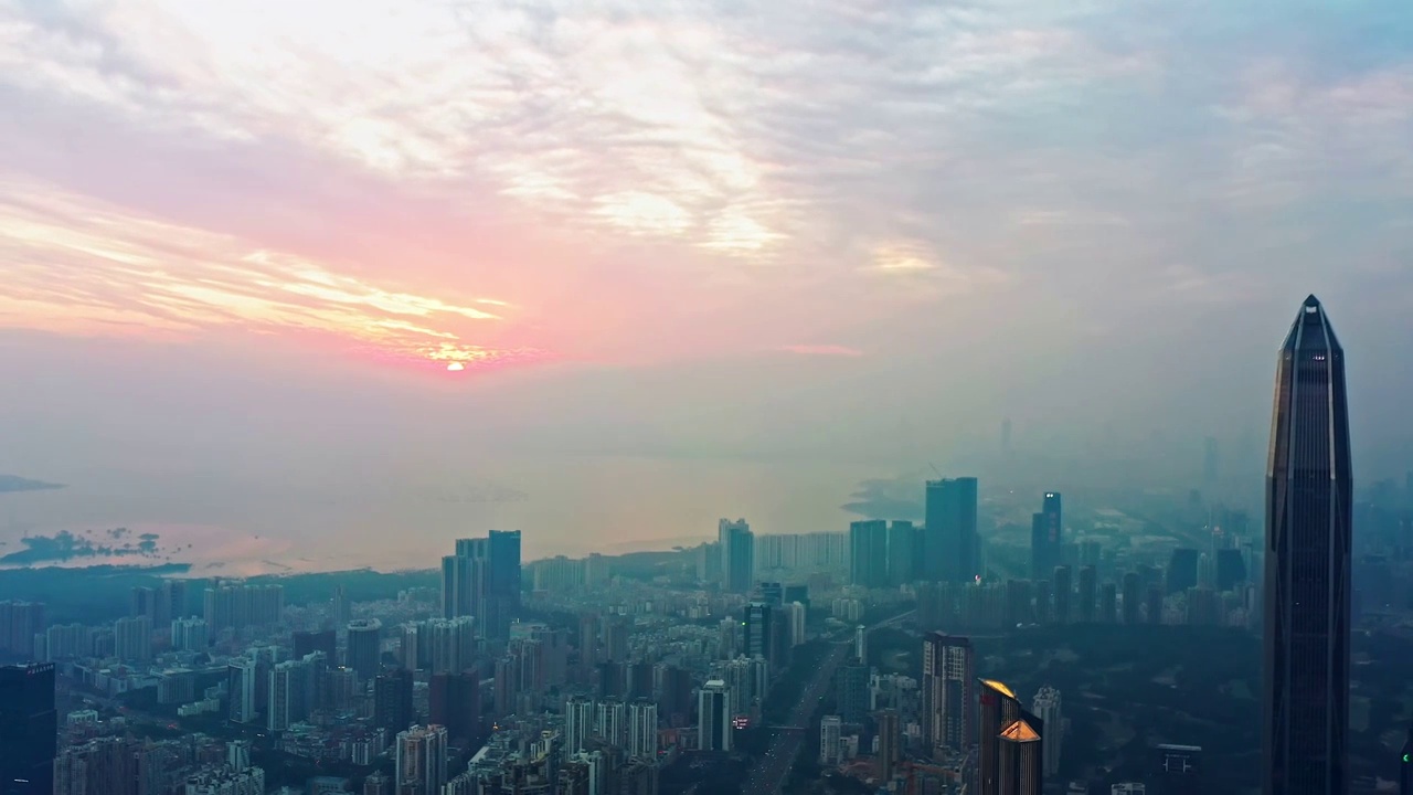 广东省深圳市福田区深圳湾城市建筑群黄昏航拍风光视频素材