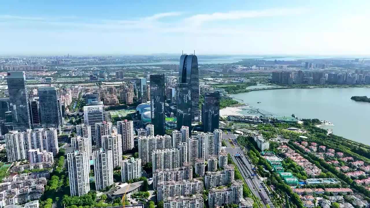 江苏苏州工业园区金鸡湖景区航拍视频素材