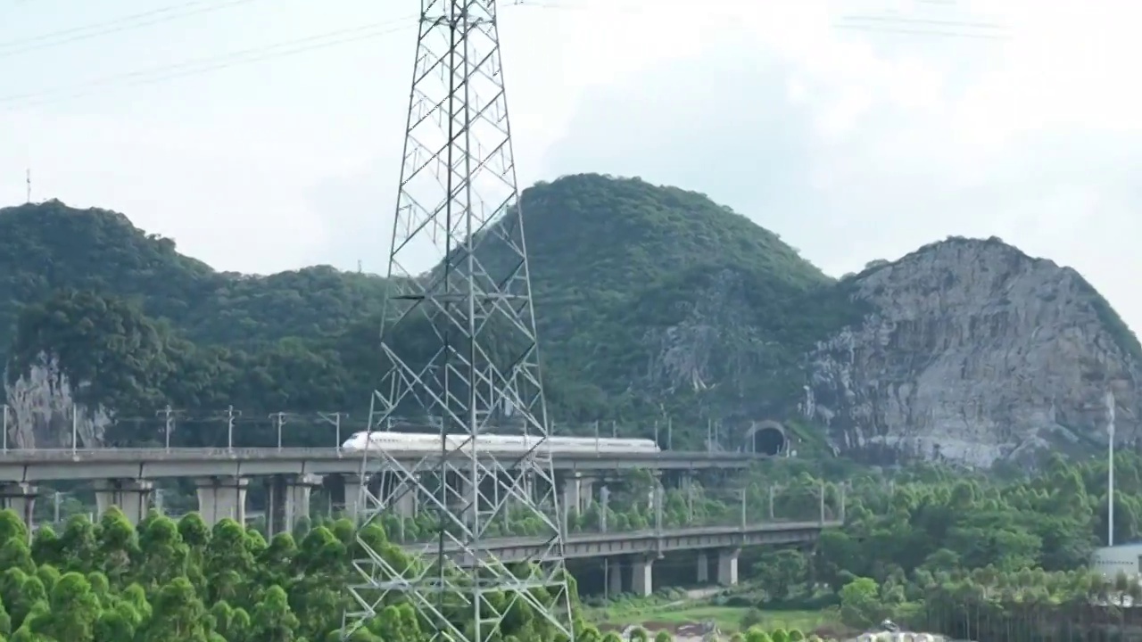 蓝天白云下城市中铁路桥上行驶的高铁动车视频素材