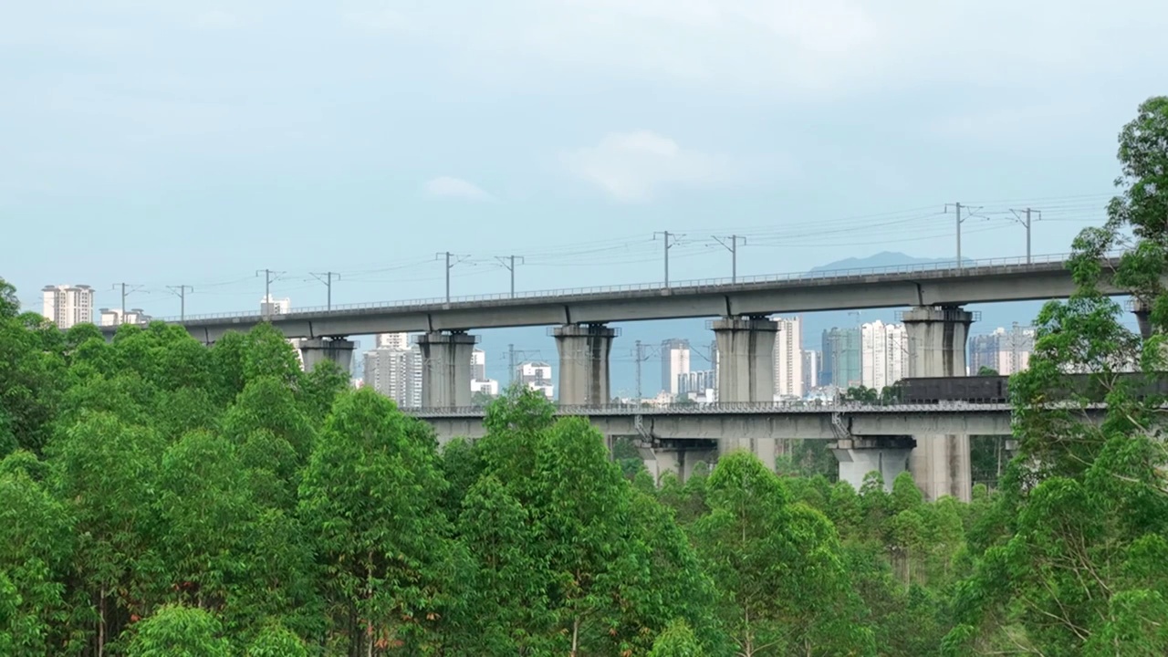 蓝天白云下城市中铁路桥上行驶的高铁动车视频素材