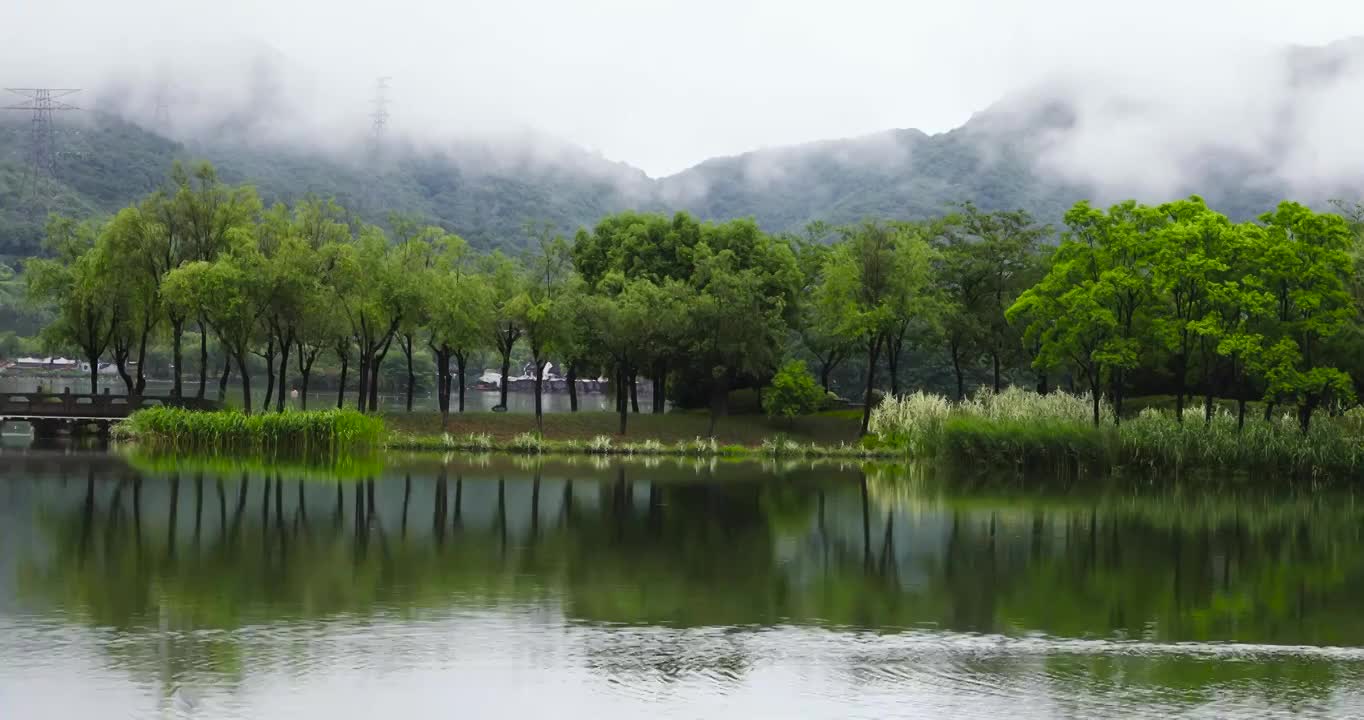 杭州湘湖初夏雨天湖面水鸟空镜视频素材