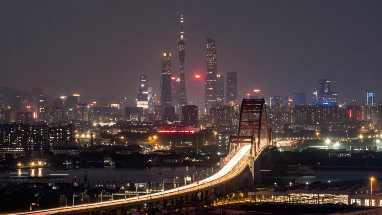 广州新光大桥与广州地标夜景延时视频素材