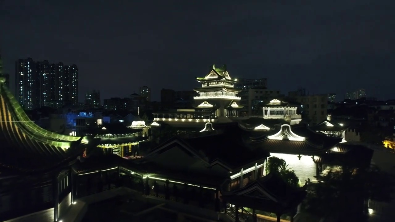 广州粤剧艺术博物馆夜景航拍视频素材