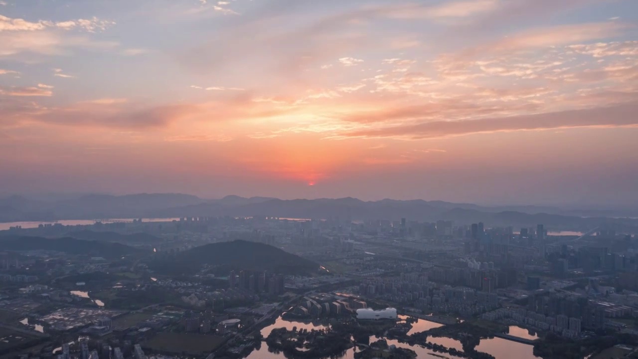 航拍杭州滨江区全景日落晚霞延时视频素材