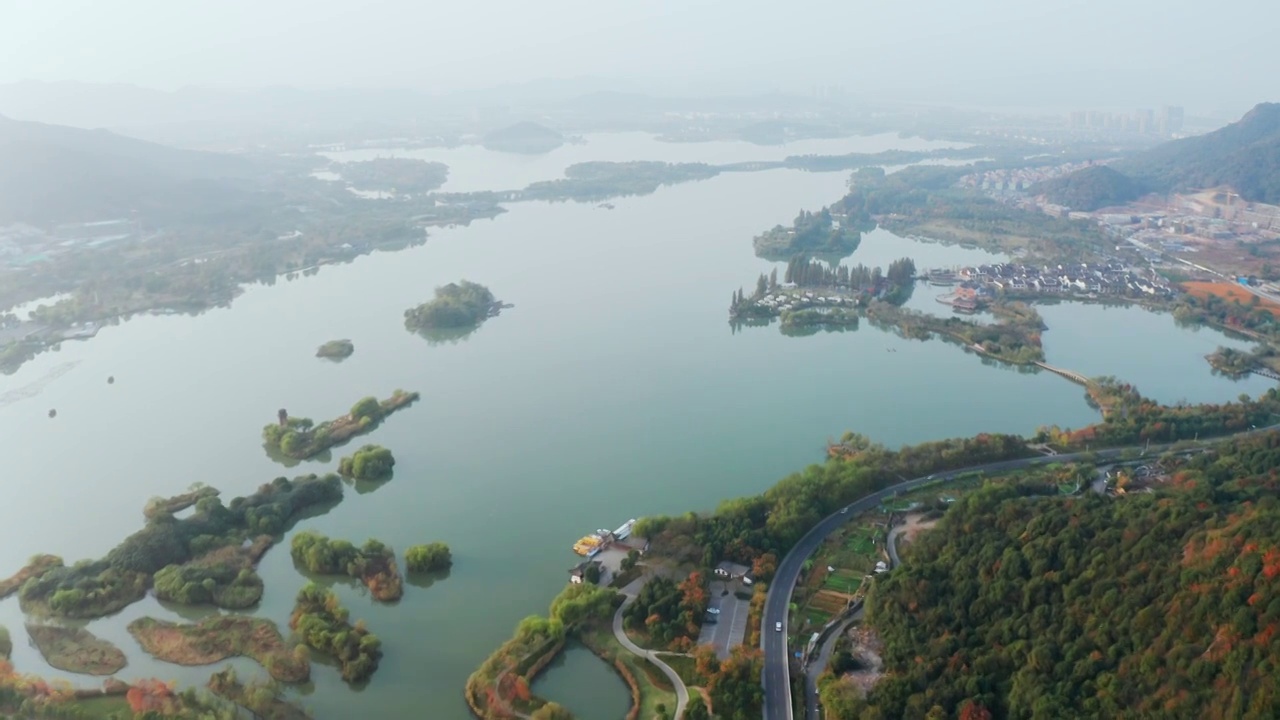 航拍杭州萧山湘湖景区视频素材