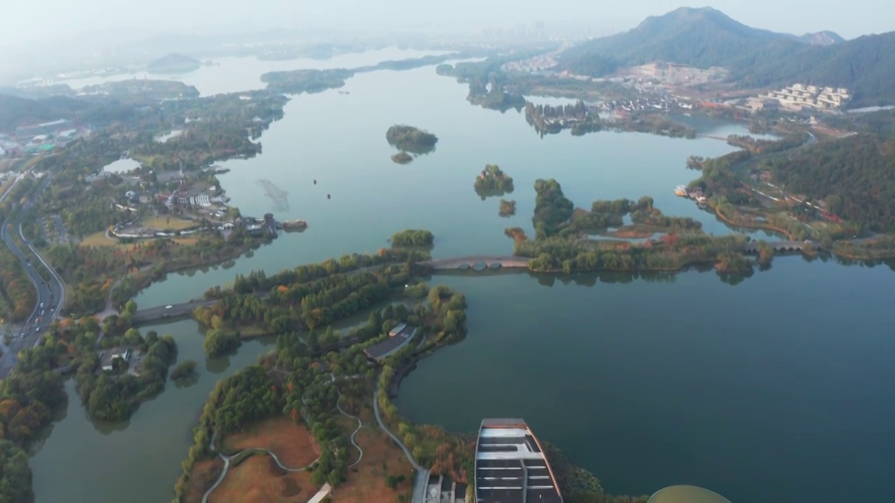 航拍杭州萧山湘湖景区视频素材