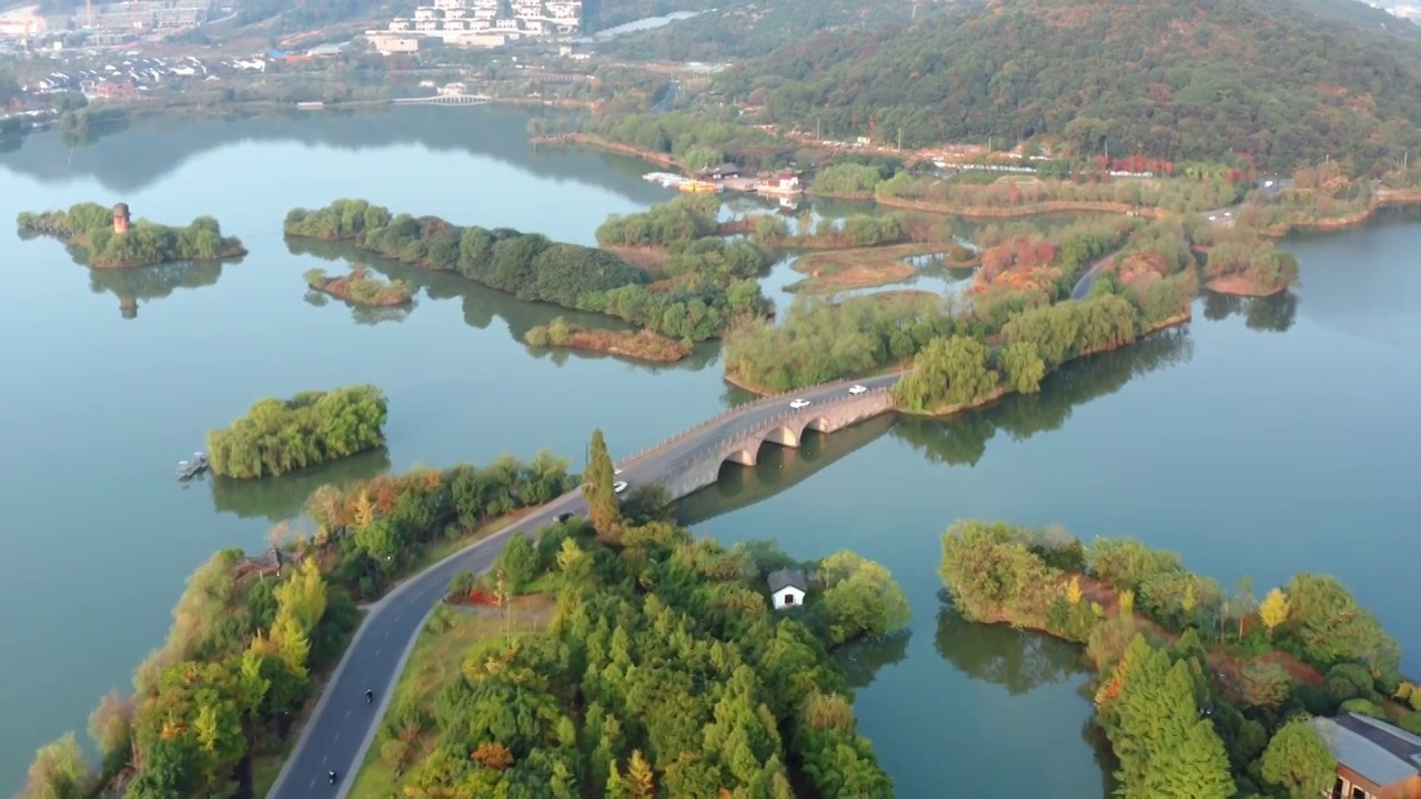 航拍杭州萧山湘湖景区视频素材