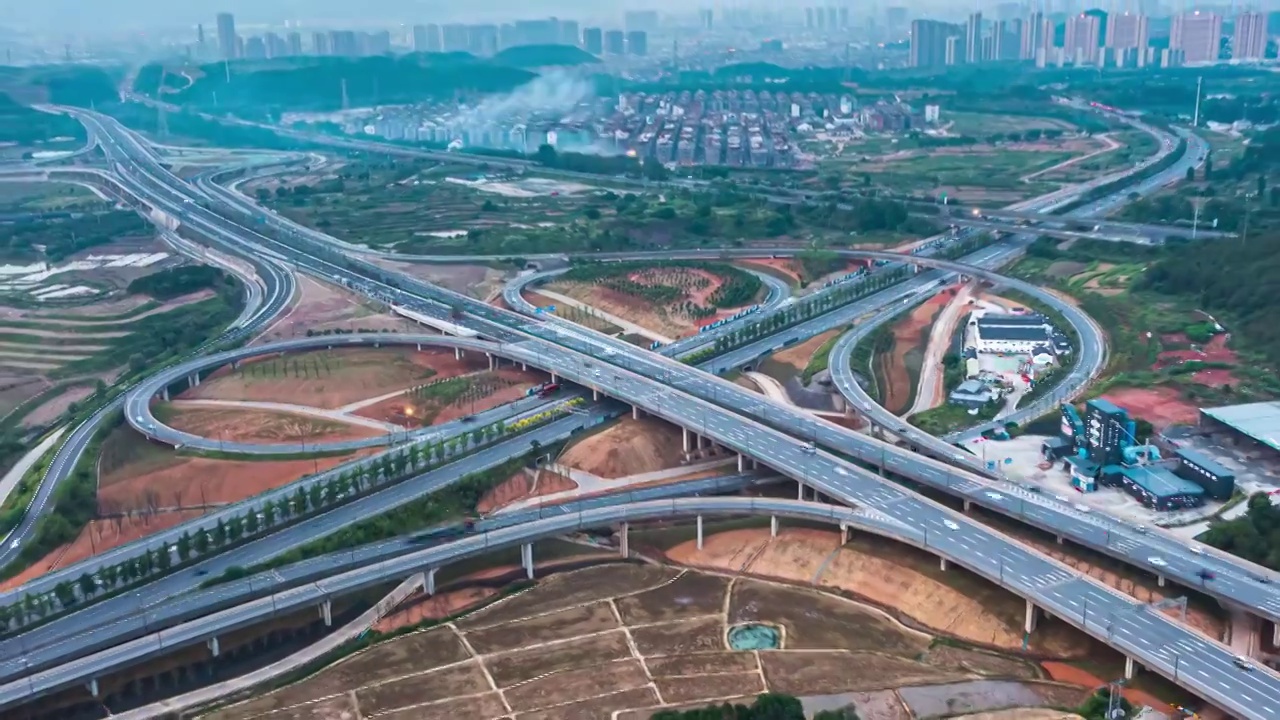 浙江义乌环城南路宗泽路互通城市车流物流运输业延时摄影航拍视频素材