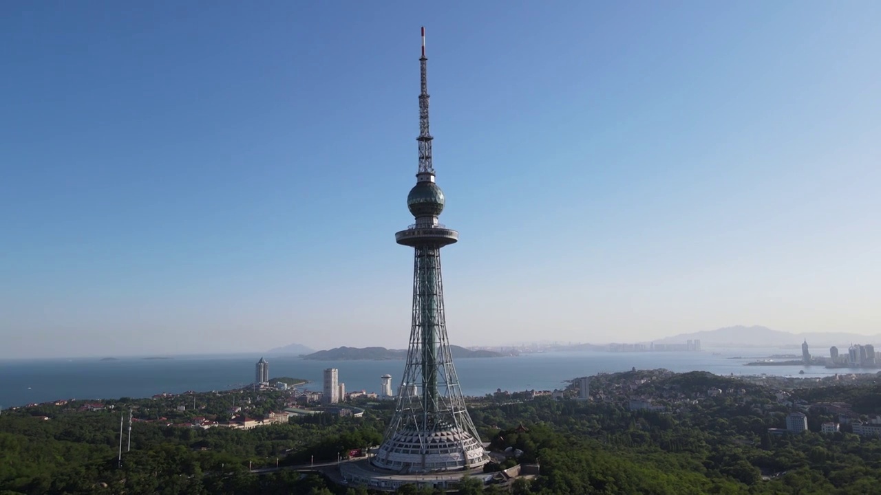 航拍青岛太平山电视塔城市景观  4k视频素材