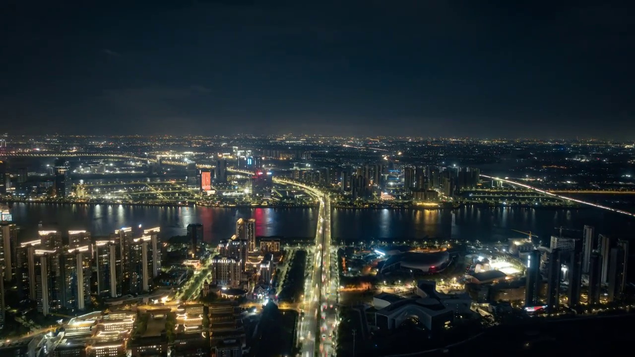 航拍广州南沙自贸区夜景交通延时视频素材