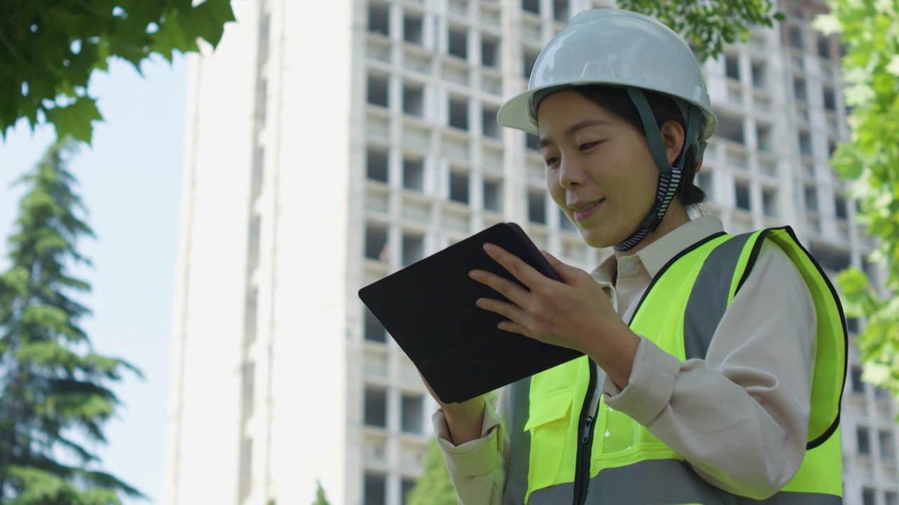 中国人女工程师戴建筑头盔工作记录视频素材