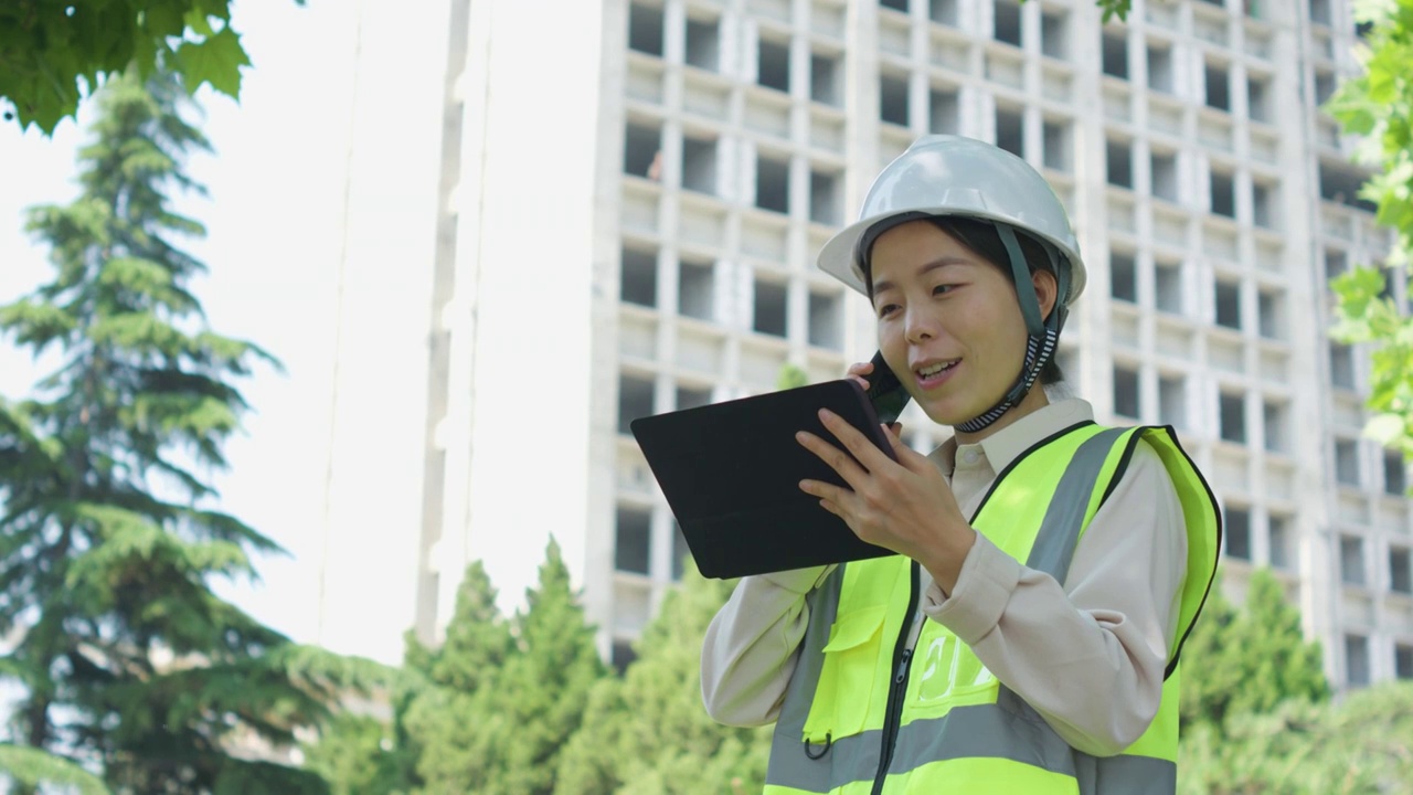 中国人女工程师戴建筑头盔工作记录视频素材