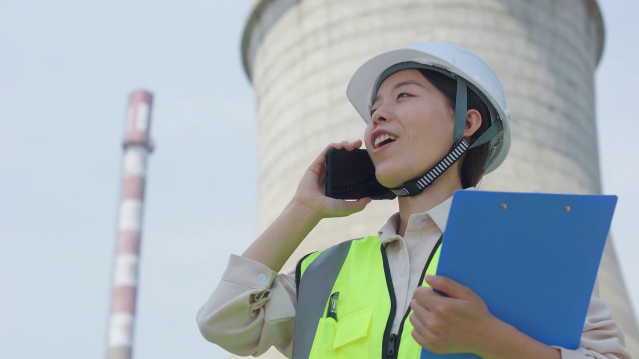 中国人女工程师戴建筑头盔工作记录视频素材