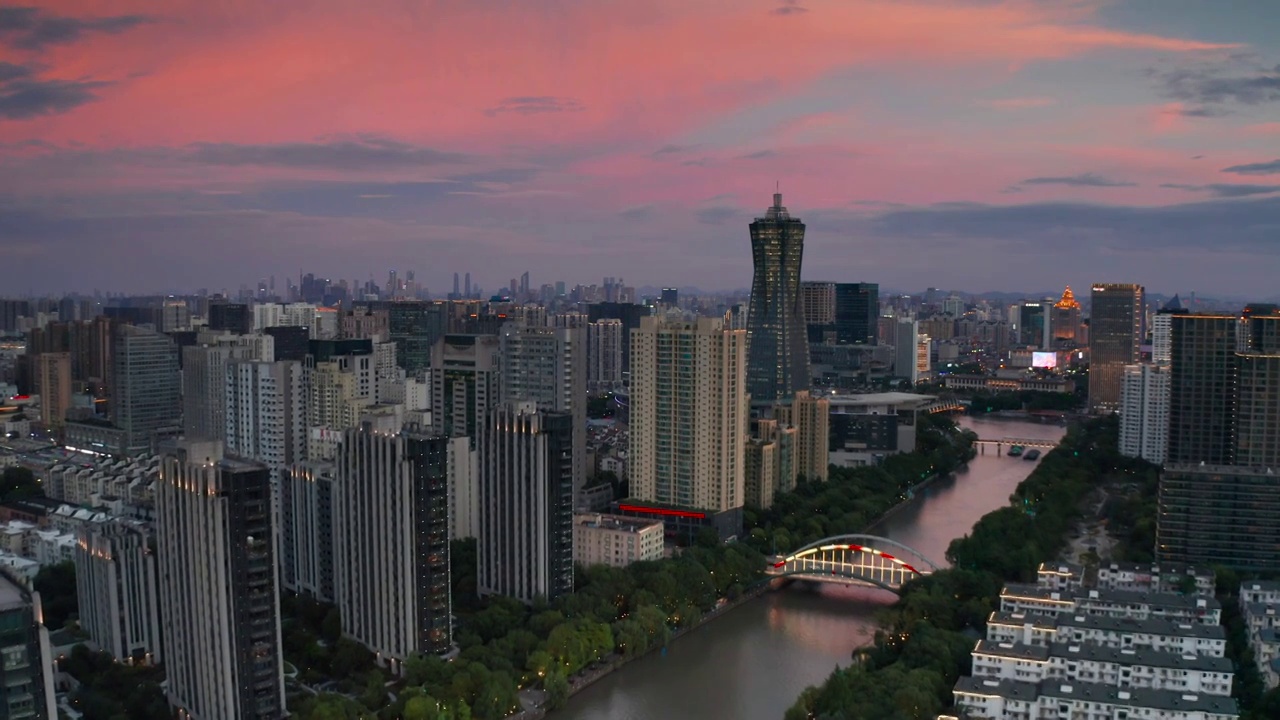 浙江省杭州市拱墅区大运河武林门夕阳航拍视频素材