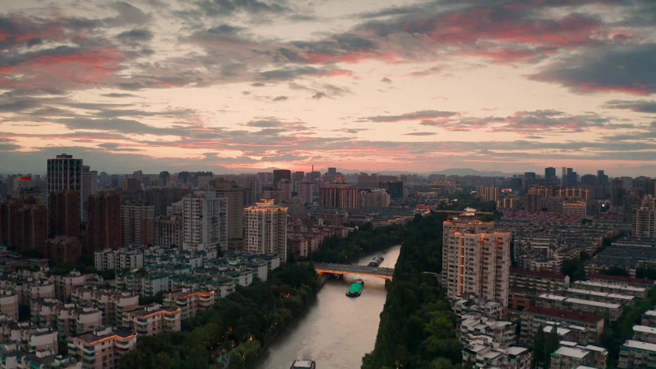 浙江省杭州市拱墅区大运河武林门夕阳航拍视频素材