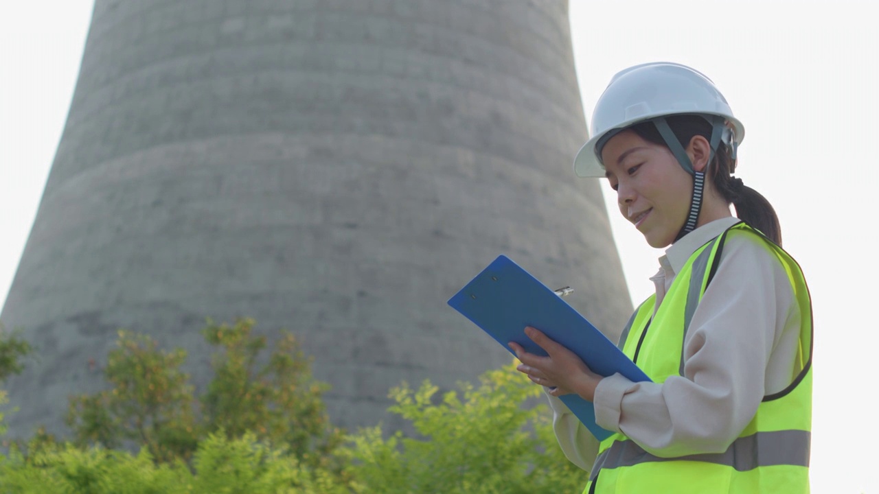 中国人女工程师戴建筑头盔工作记录视频素材