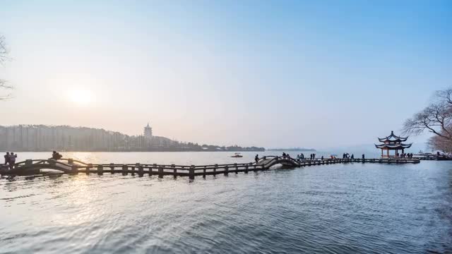 杭州长桥雷峰夕照日落视频素材