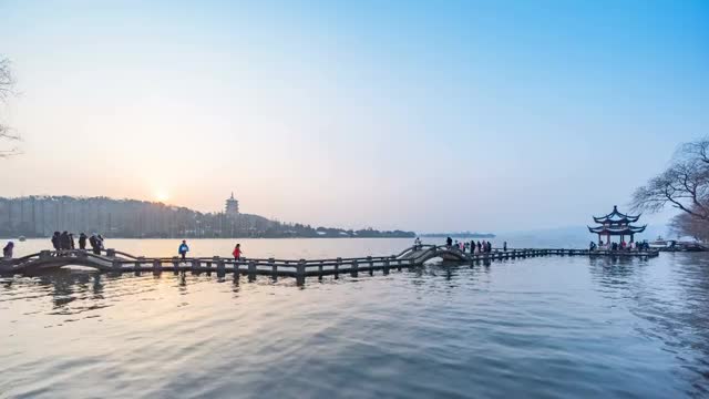 杭州长桥雷峰夕照日落视频素材