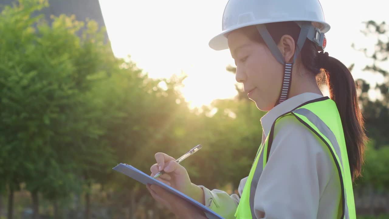 中国人女工程师戴建筑头盔工作记录视频素材